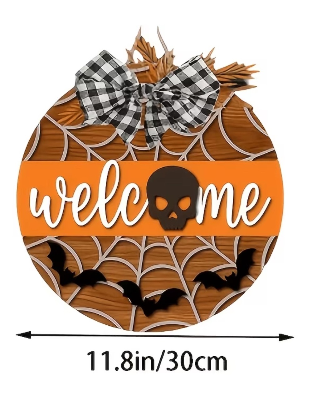 Halloween Orange 'Welcome' Round Wooden Wall Sign with Black Skull Accent - Picture 3 of 10
